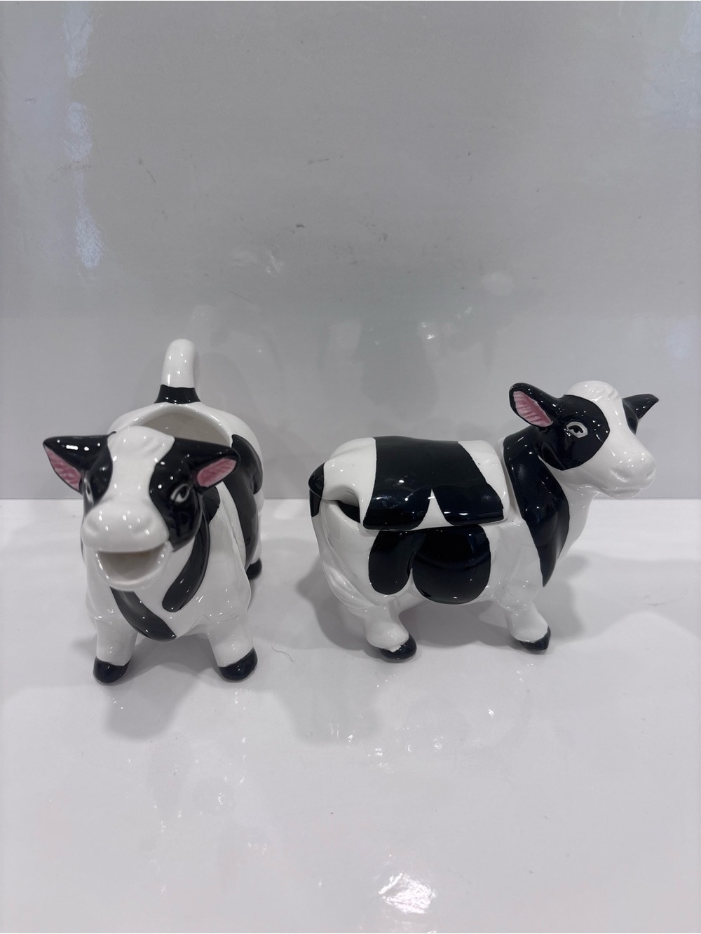 Vintage Holstein cow ceramic creamer &covered sugar set black white farmhouse